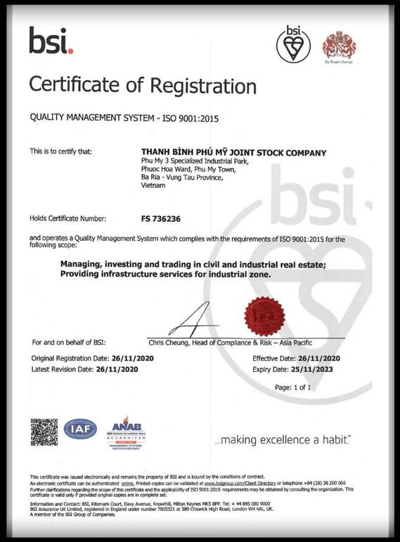 품질 경영 시스템 인증서 – ISO 9001:2015